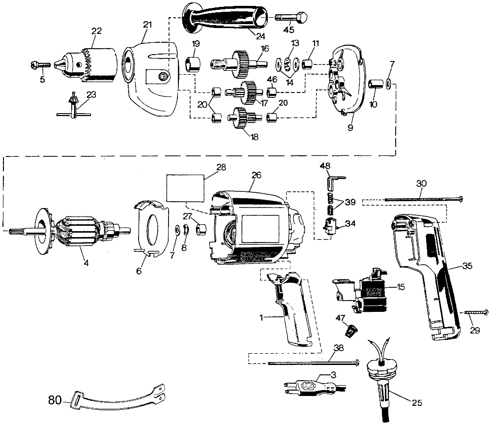 Default Diagram and Parts List for B7254 Type 2 DeWALT Boring Machine