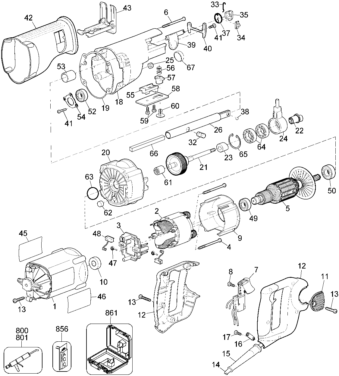 Default Diagram and Parts List for DW308MK Type 1 DeWALT Reciprocating Saw