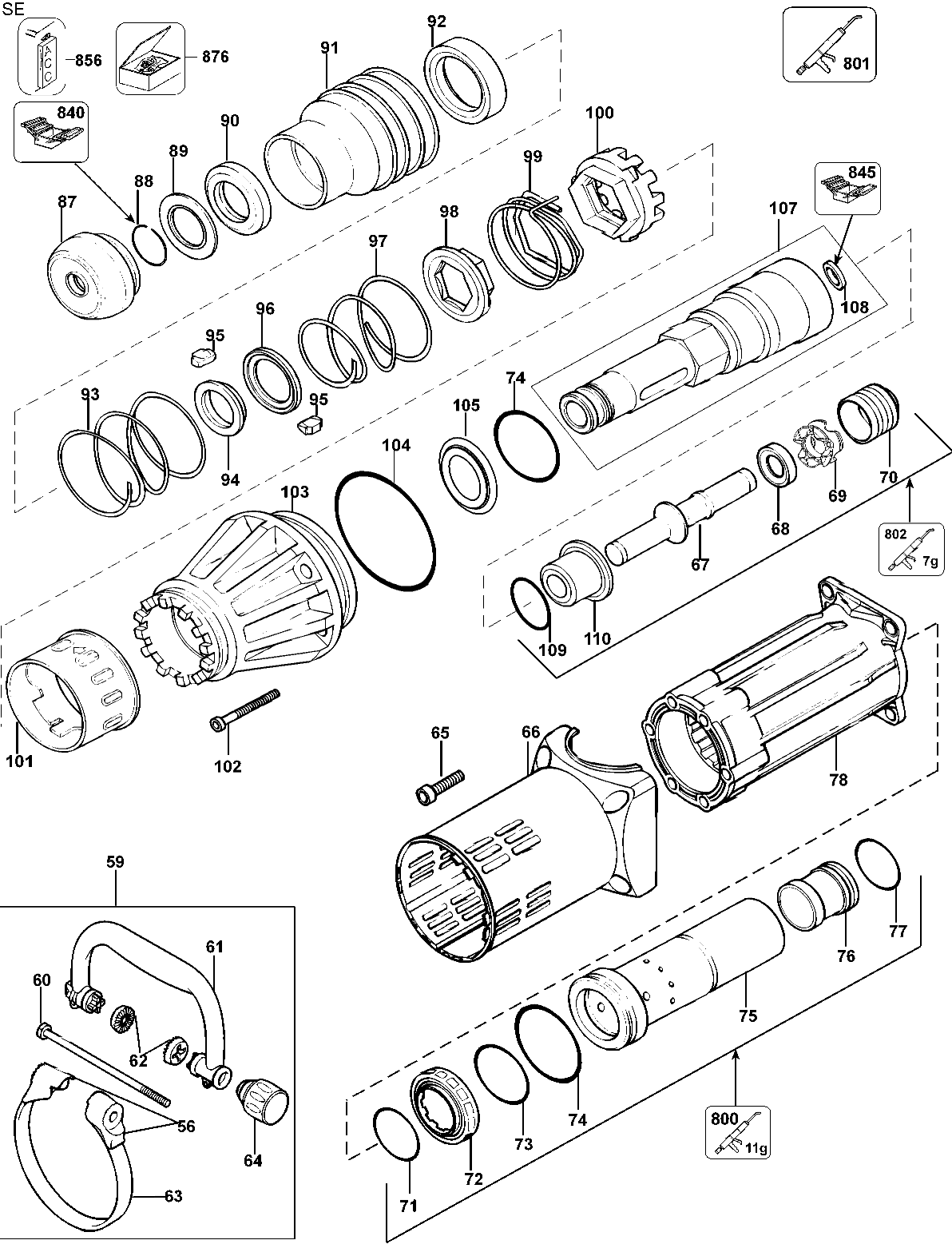 Default Diagram and Parts List for D25899K-AR Type 1 DeWALT Hammer