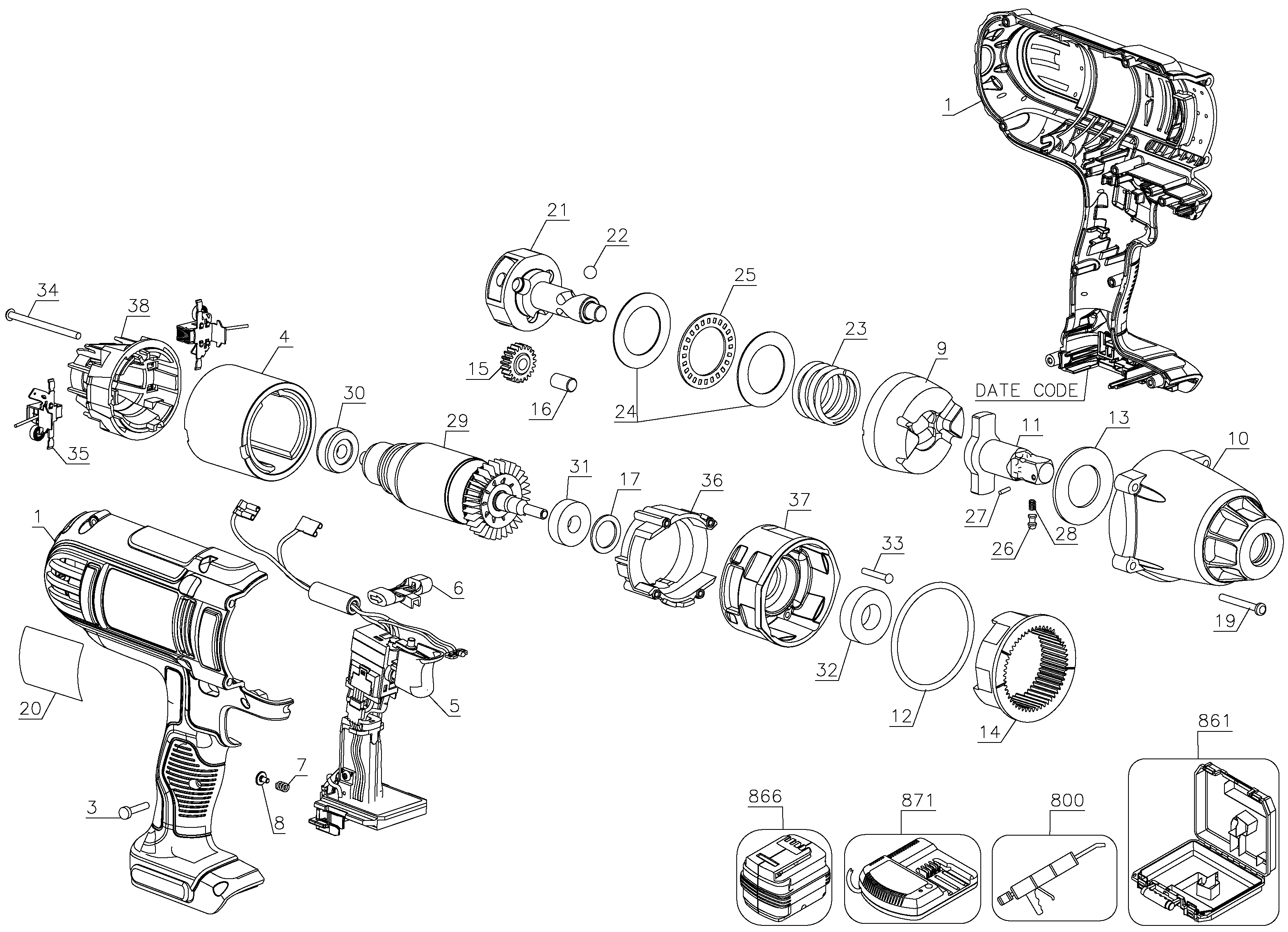 Default Diagram and Parts List for DCF889L2-AR Type 1 DeWALT Wrench
