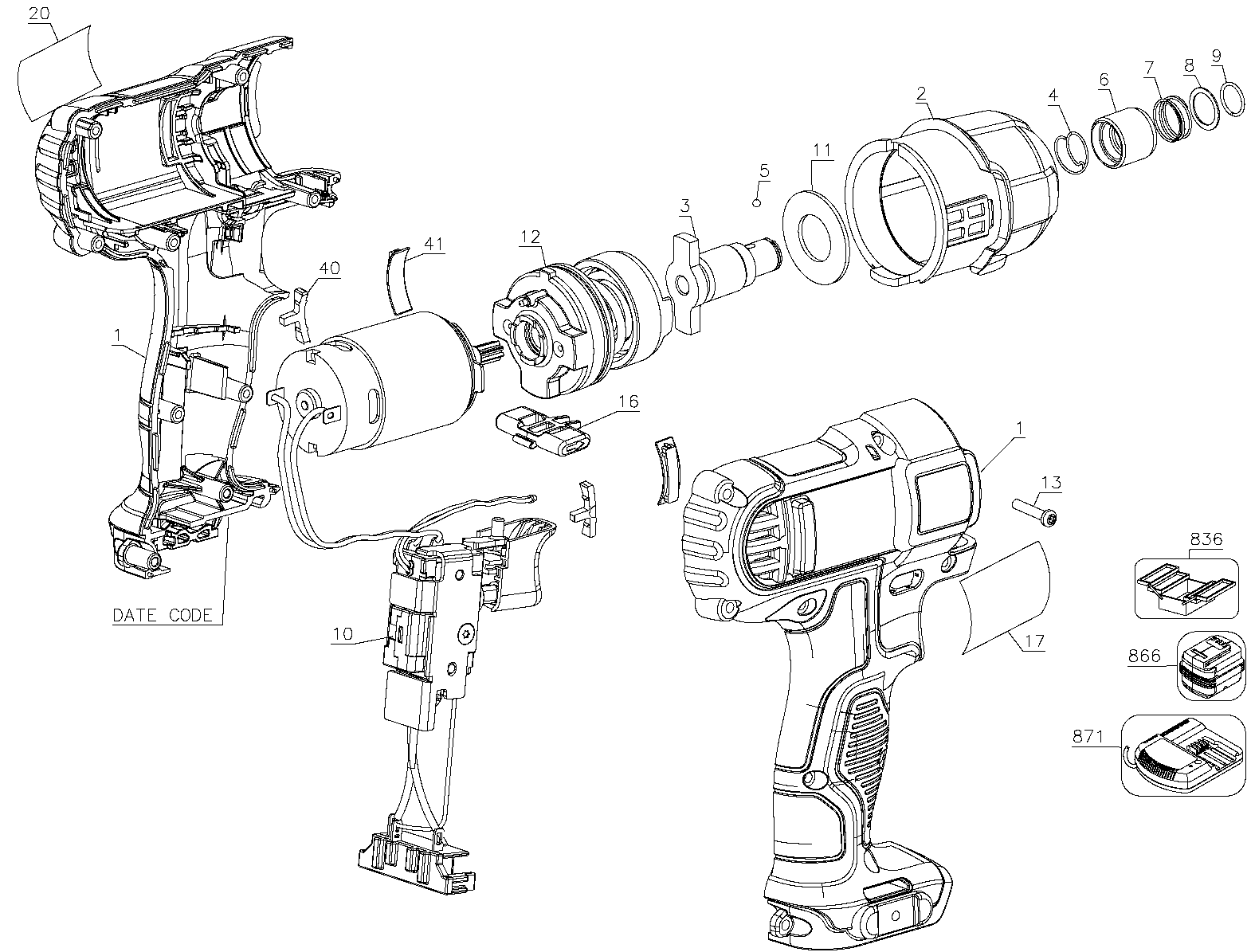 Default Diagram and Parts List for DCF805C2-B3 Type 1 DeWALT Impact Driver