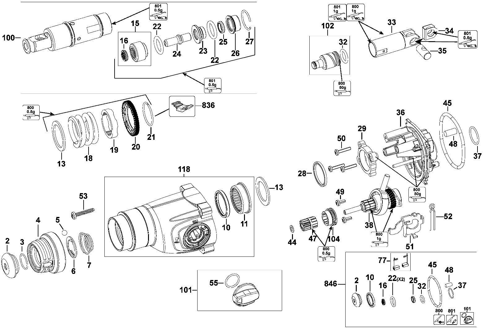 Gear Box Assembly Diagram and Parts List for D25263K Type 1 DeWALT Hammer Drill