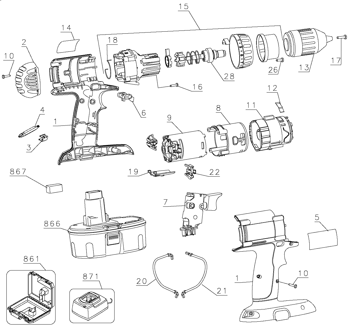 Default Diagram and Parts List for DC984KA-AR Type 1 DeWALT Hammer Drill