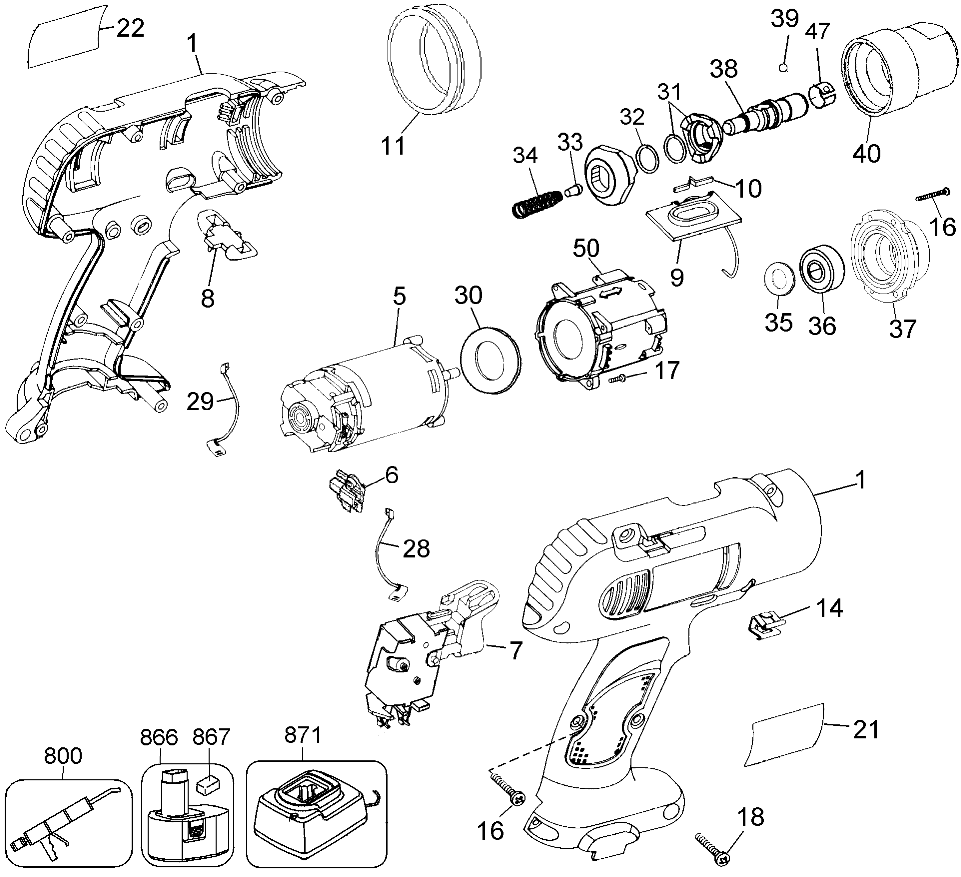 Default Diagram and Parts List for DW995QDB Type 1 DeWALT Boring Machine