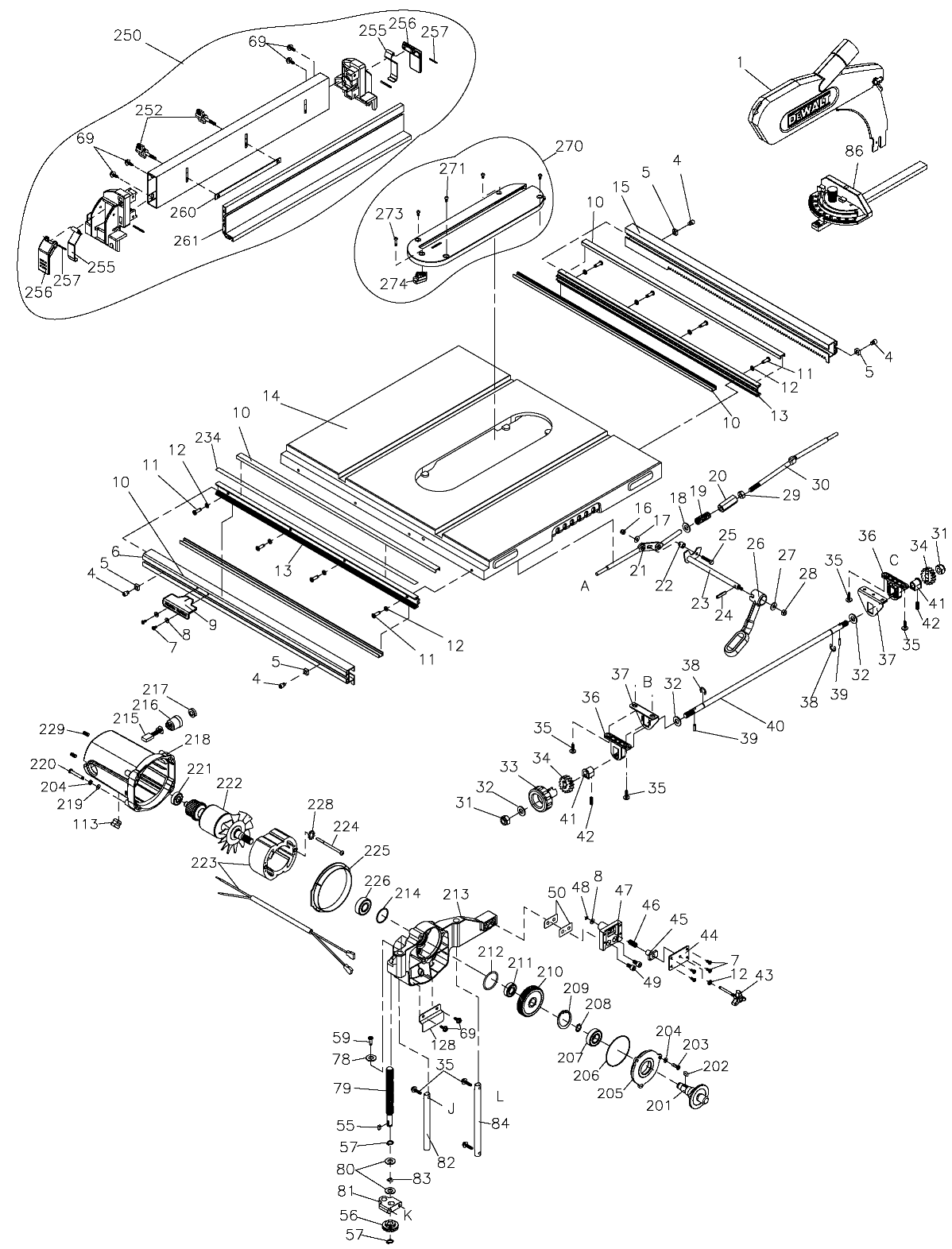 Default 2 Diagram and Parts List for DW745-AR Type 1 DeWALT Table Saw