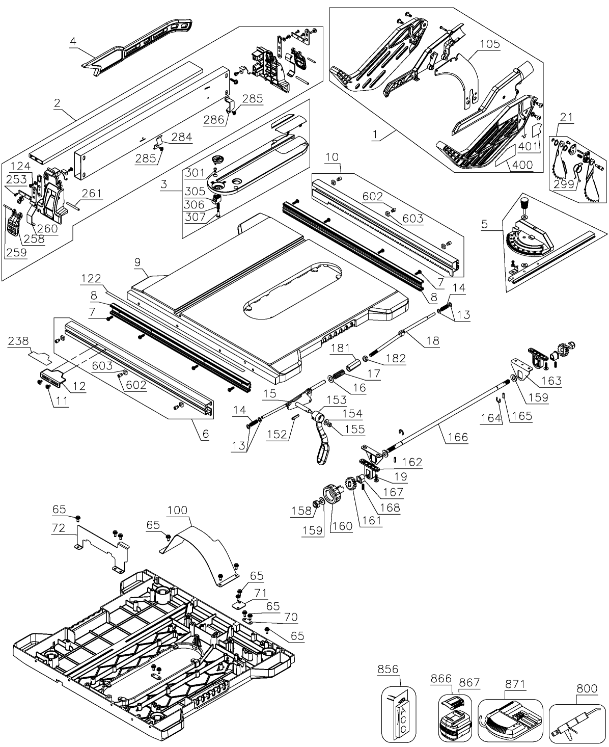 TABLE Diagram and Parts List for DCS7485T1 Type 1 DeWALT Table Saw