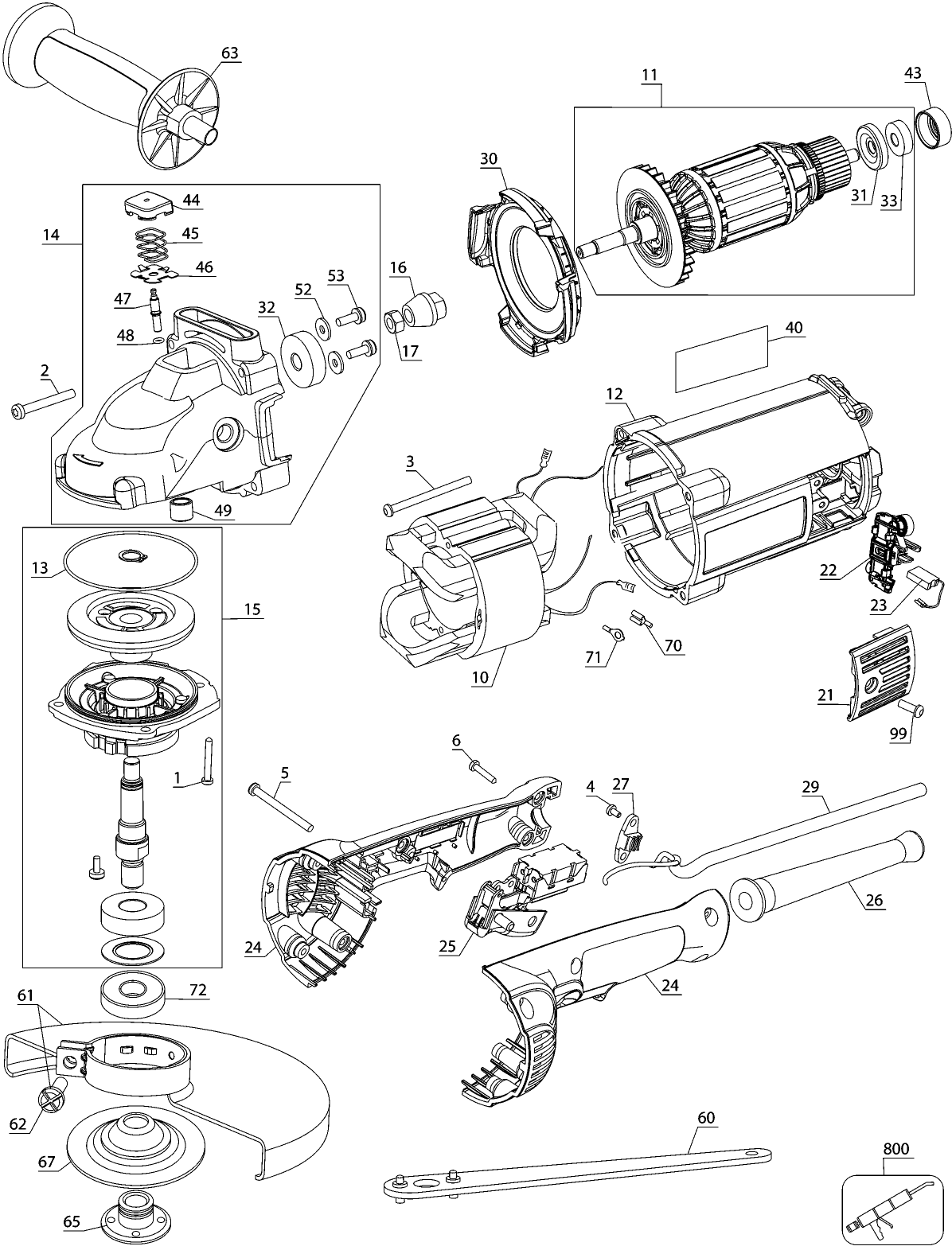Default Diagram and Parts List for DWE490-B3 Type 1 DeWALT Angle Grinder