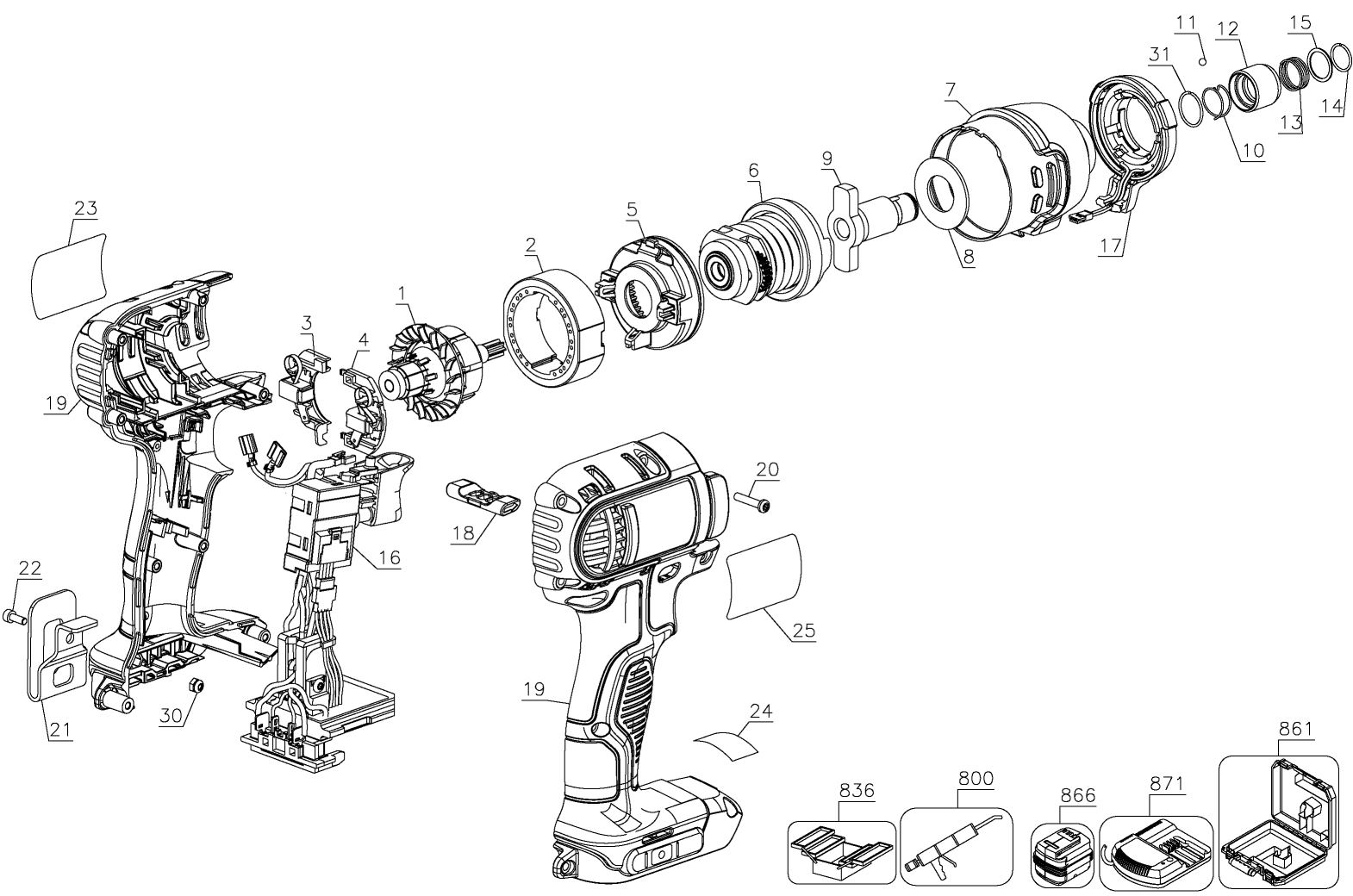 Default Diagram and Parts List for DCF885M2 Type 2 DeWALT Impact Driver
