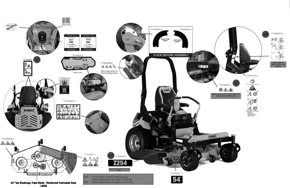 Label Map Diagram and Parts List for DXGZ254P (47AKBCA7038)(2022) DeWALT Lawn Tractor