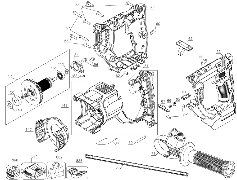 Section 2 Diagram and Parts List for DCH133BR Type 1 DeWALT Hammer Drill