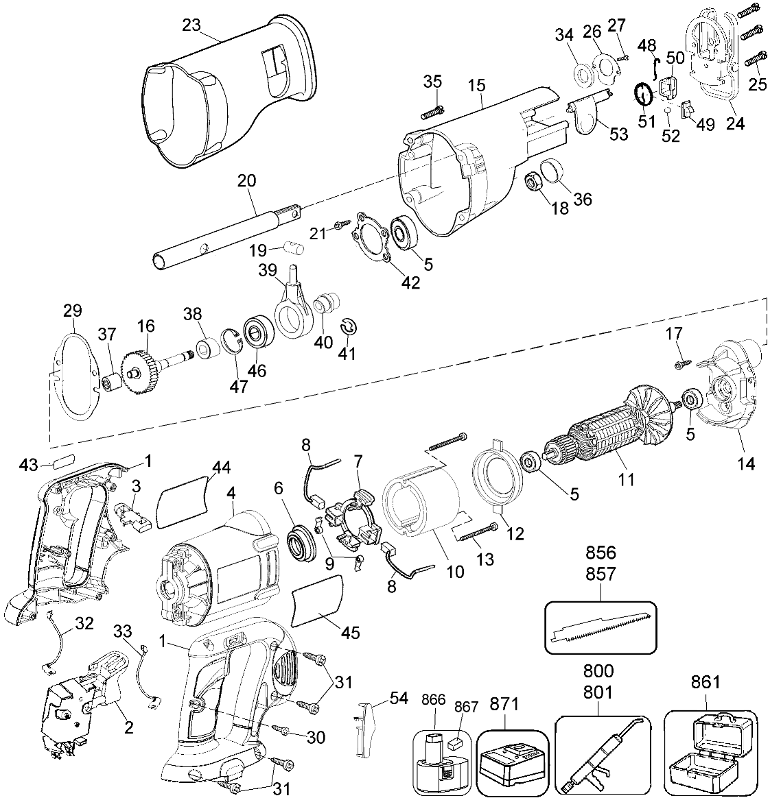 Default Diagram and Parts List for DW938K-BR Type 2 DeWALT Reciprocating Saw
