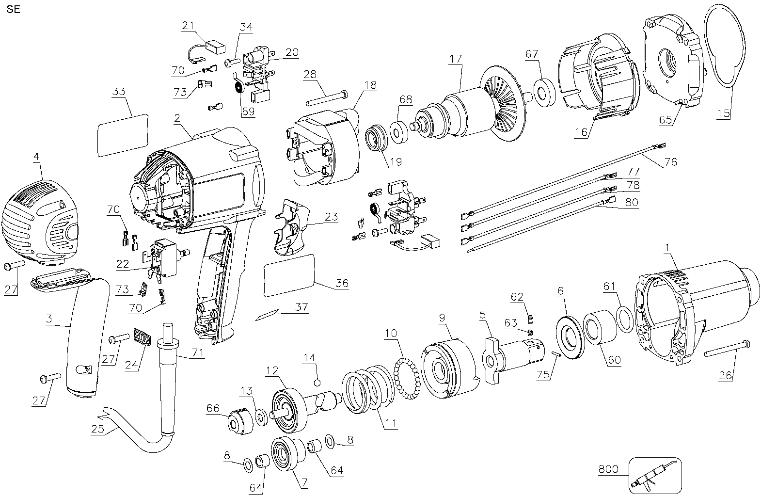 Default Diagram and Parts List for DW294-B2 Type 1 DeWALT Wrench