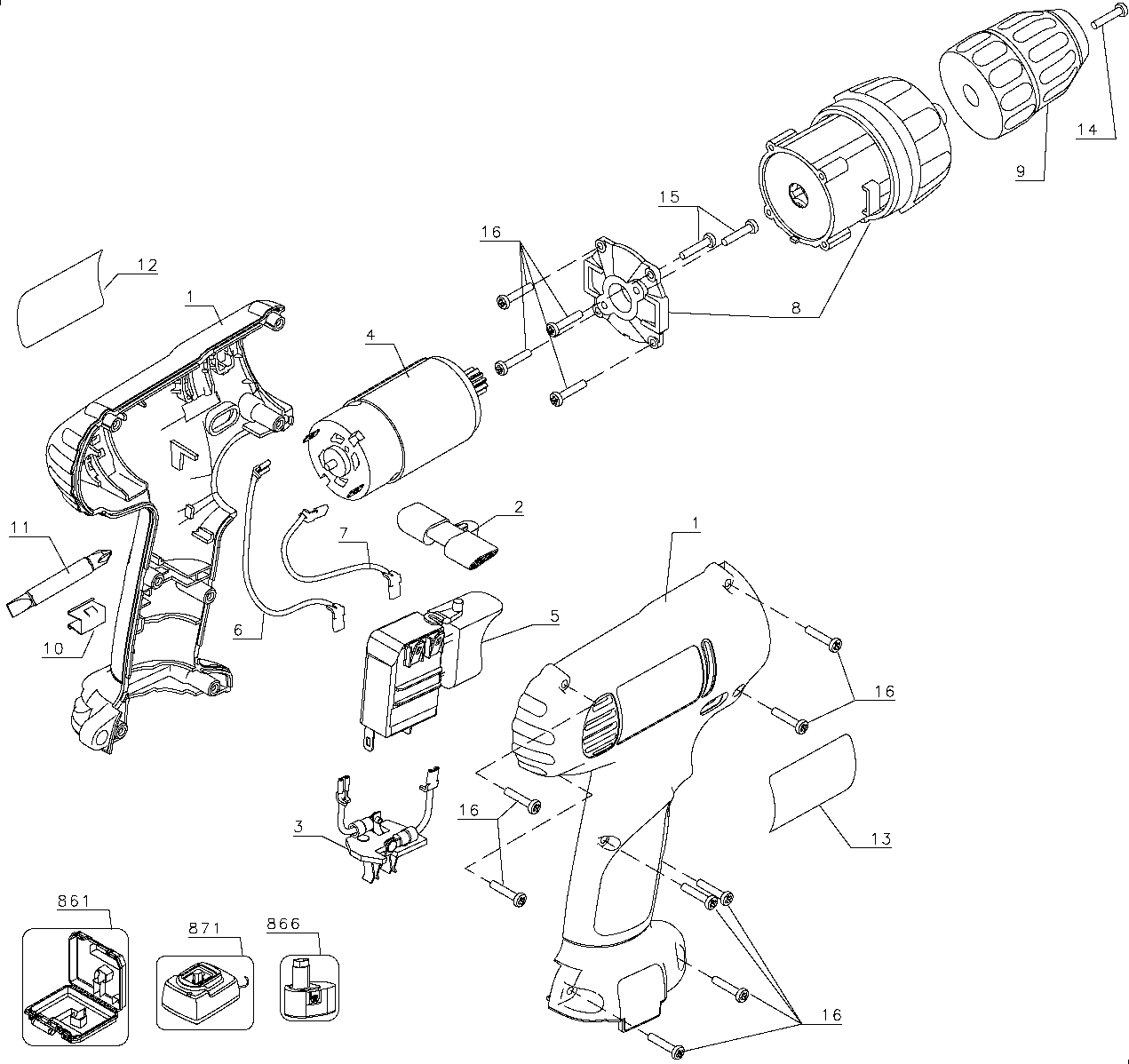 Default Diagram and Parts List for DW925K-2 Type 1 DeWALT Boring Machine