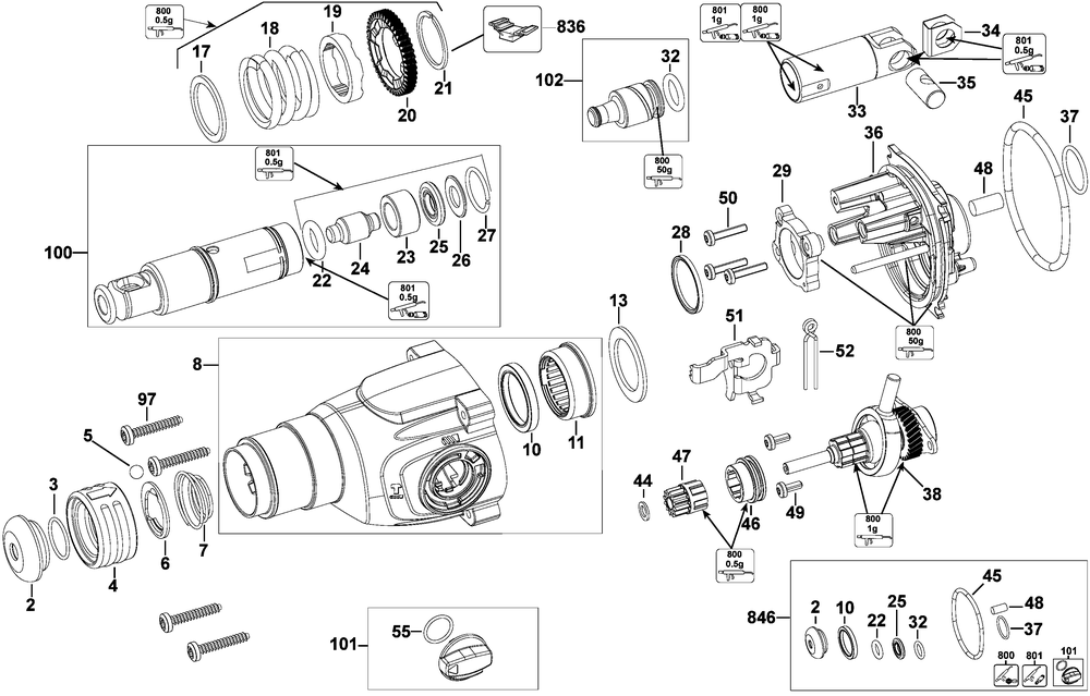 Section 1 Diagram and Parts List for DCH133BR Type 1 DeWALT Hammer Drill