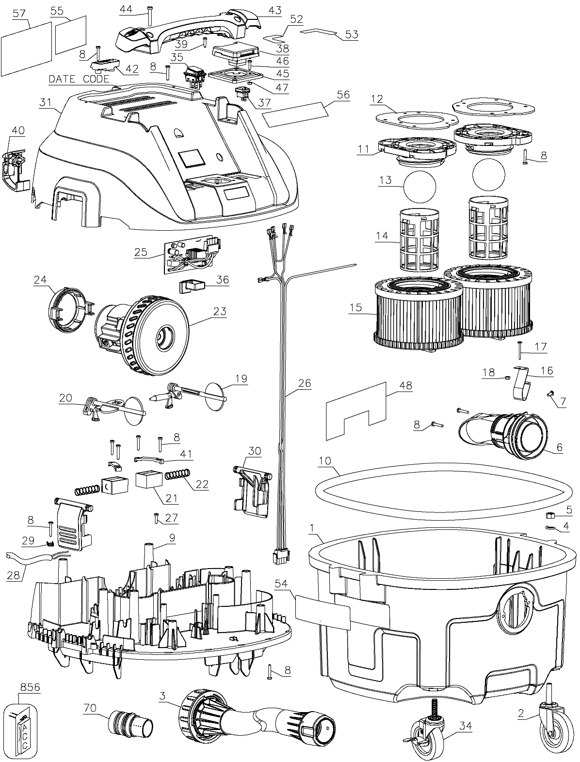 Default Diagram and Parts List for DWV010-BR Type 1 DeWALT Dust Collector