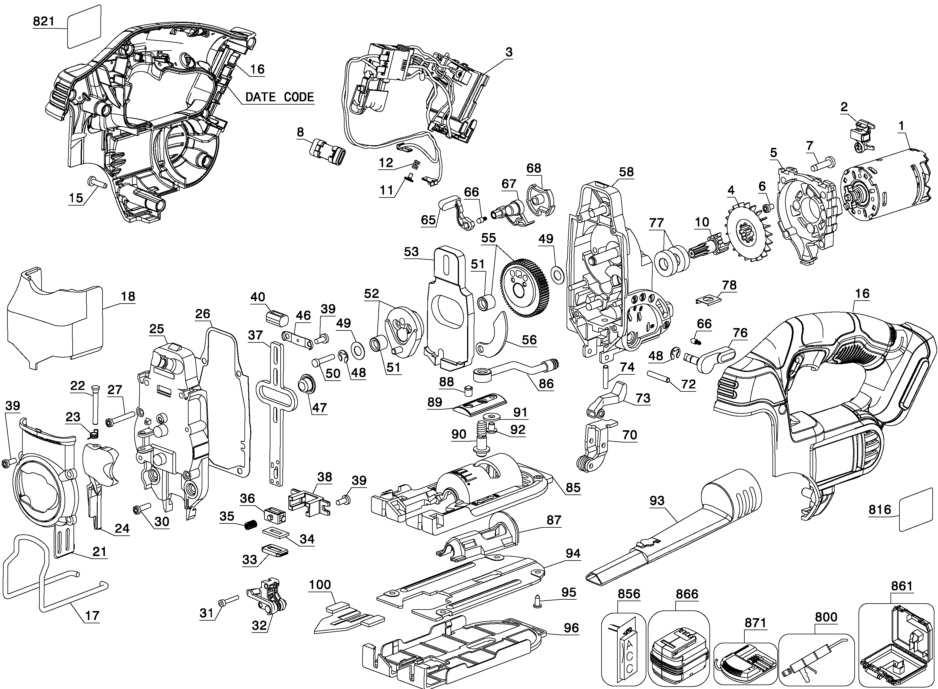 Default Diagram and Parts List for DCS331M1 Type 1 DeWALT Jig Saw