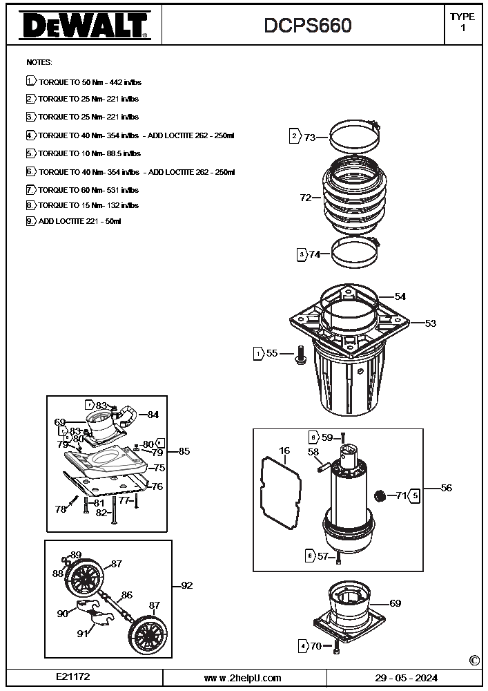 Section 1 Diagram and Parts List for DCPS660AG2 Type 1 DeWALT Lawn Tractor Accessories