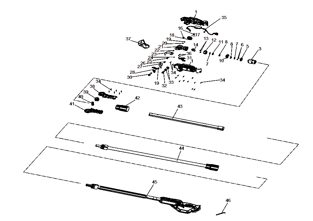 Section 1 Diagram and Parts List for DCPPR320B Type 1 DeWALT Hedge Trimmer