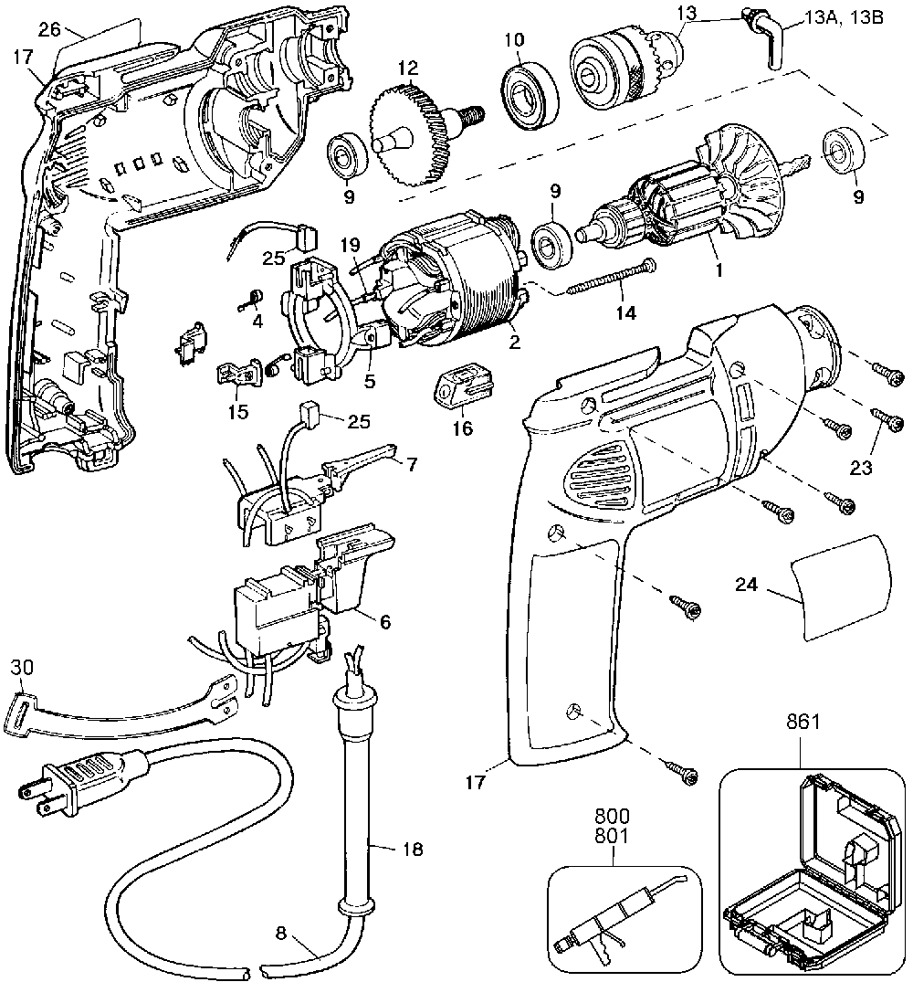 Exploded Diagram A Diagram and Parts List for D100-04 Type 1 DeWALT Drill