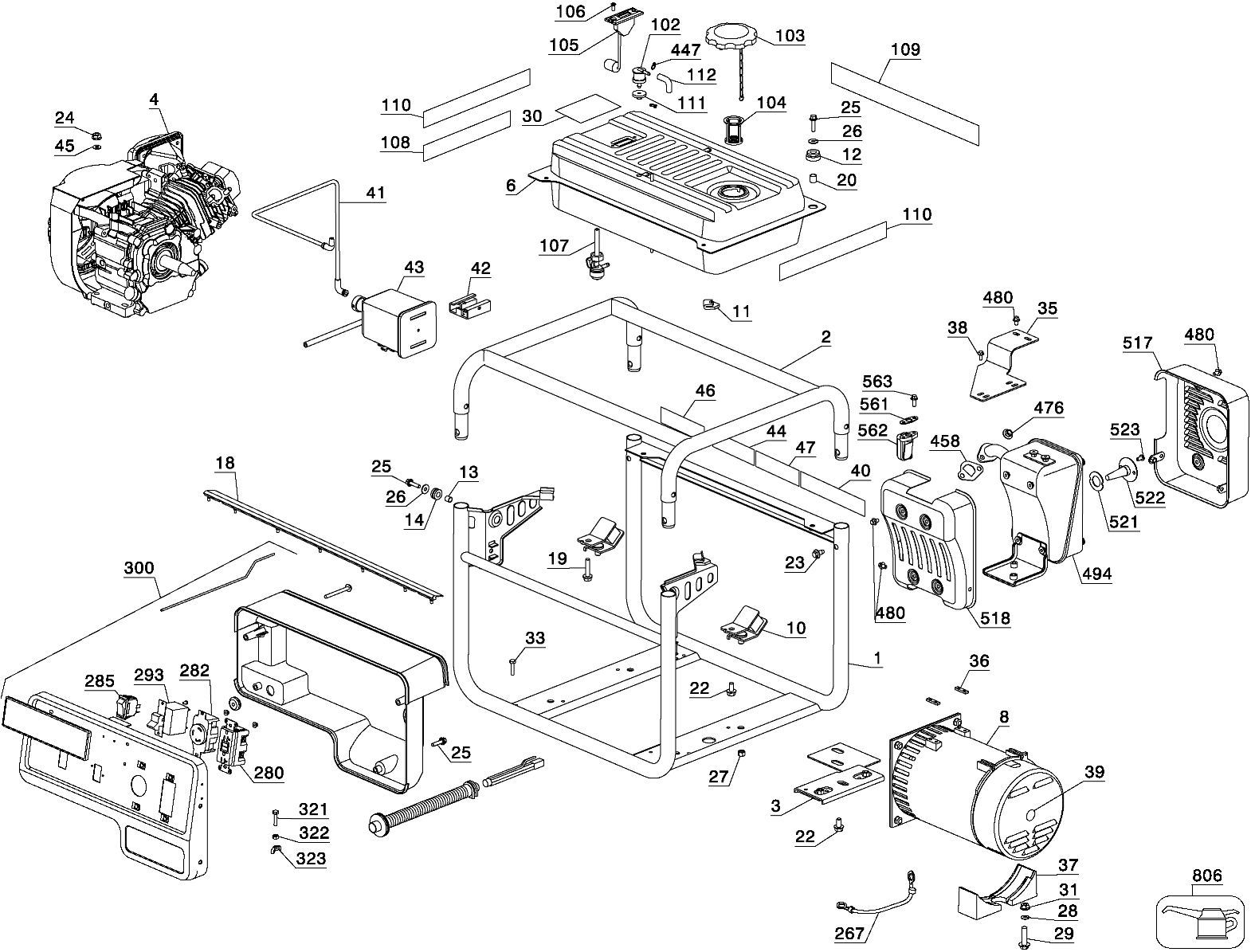 Default Diagram and Parts List for DG3000C Type 1 DeWALT Generator