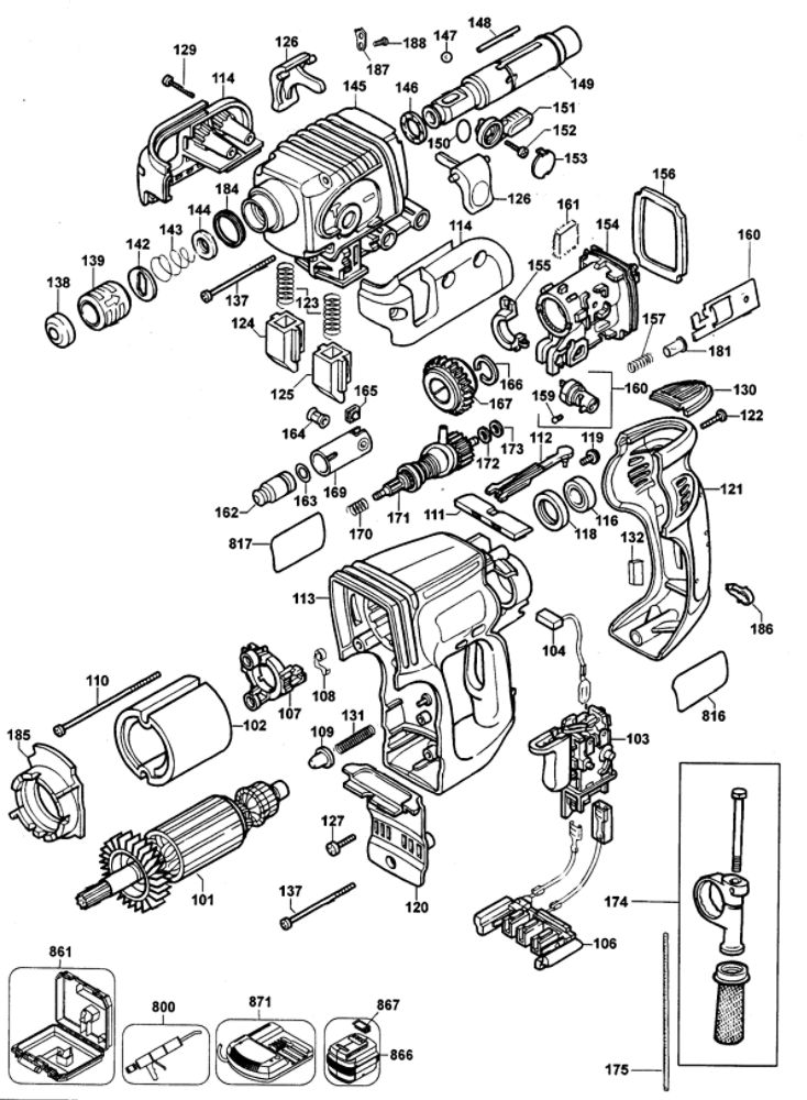 Drill Assembly Diagram and Parts List for DW005K2 Type 1 DeWALT Hammer
