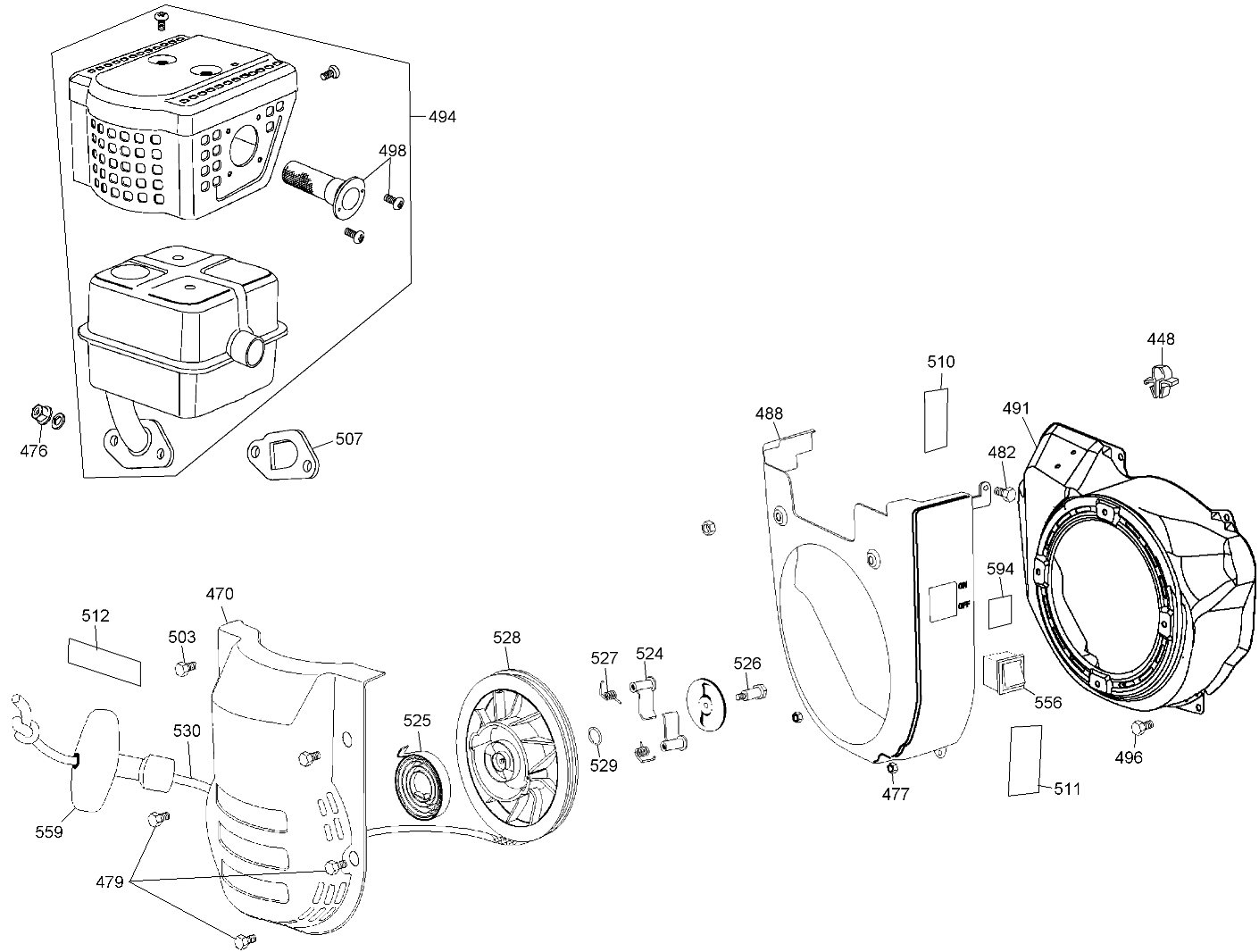 Muffler & Recoil Starter Diagram and Parts List for DW650LAG-B3 Type 1 DeWALT Engine