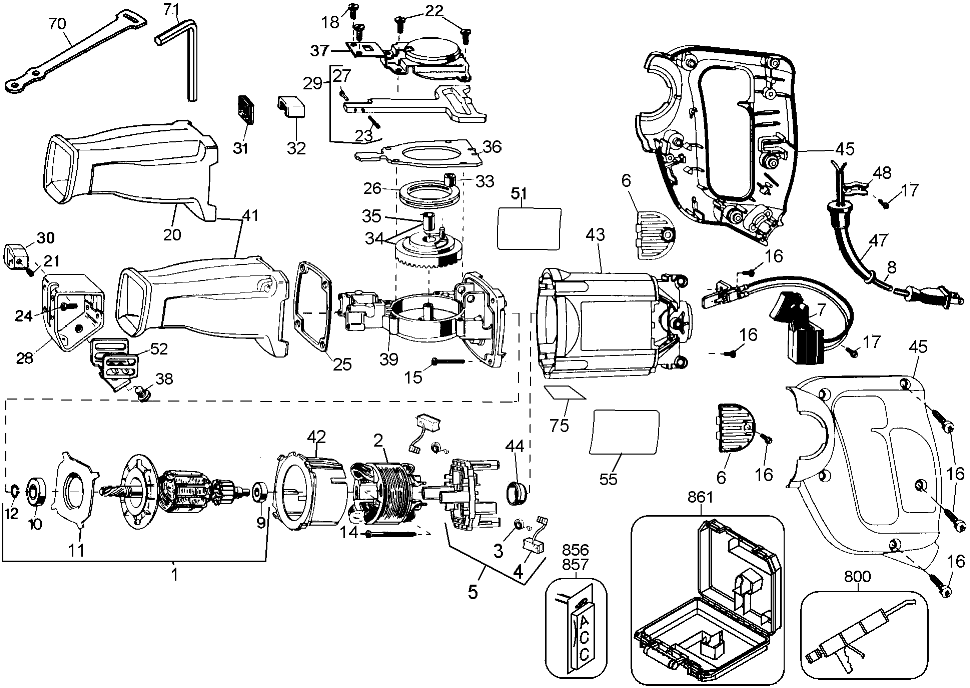 Default Diagram and Parts List for DW303K Type 1 DeWALT Reciprocating Saw