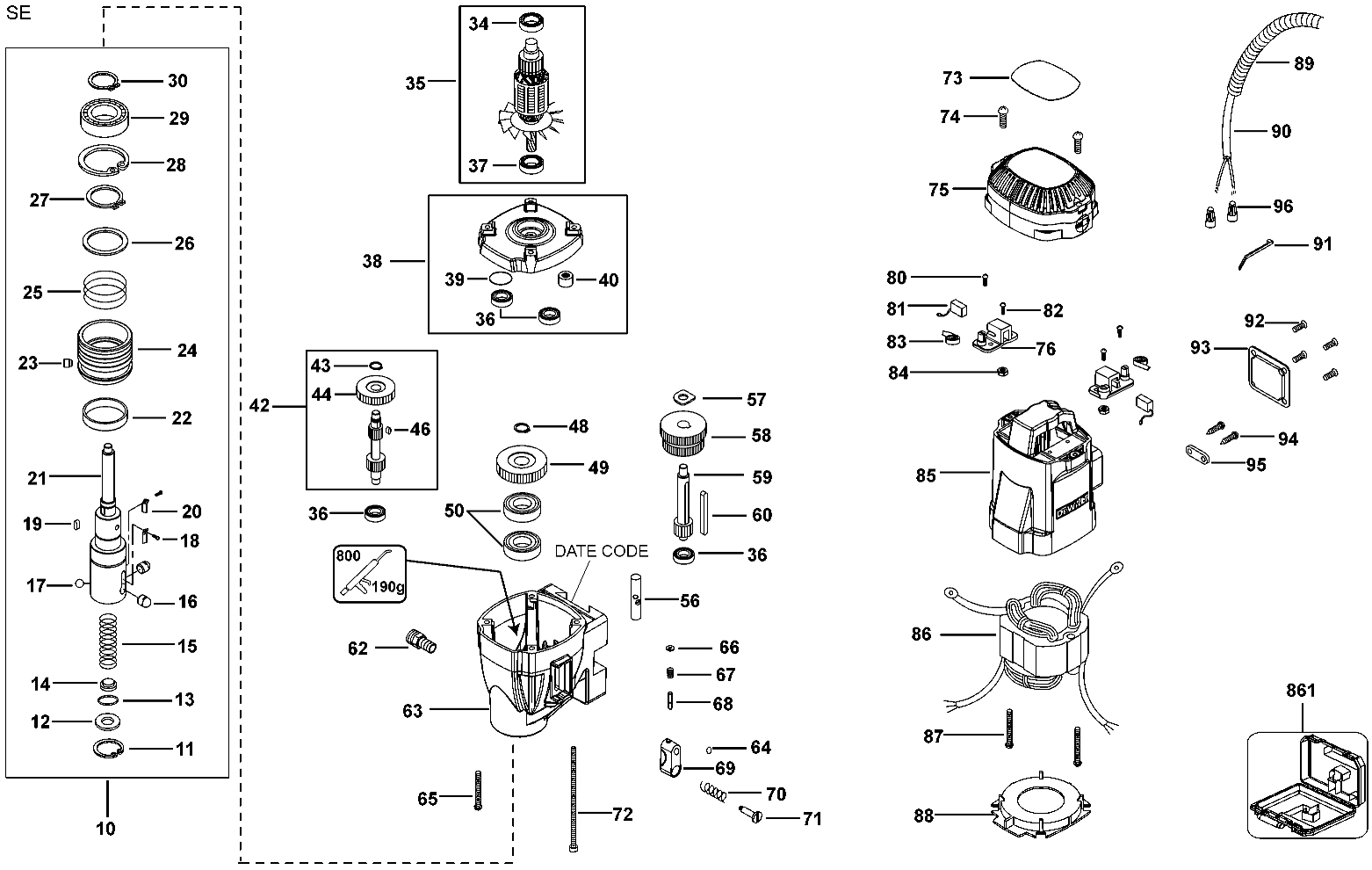 MOTOR Diagram and Parts List for DWE1622K Type 1 DeWALT Electric Drill