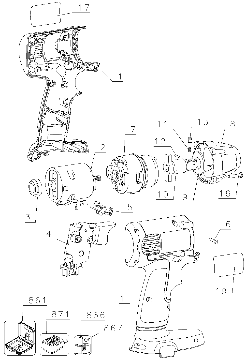Default Diagram and Parts List for DW053K-2 Type 1 DeWALT Wrench