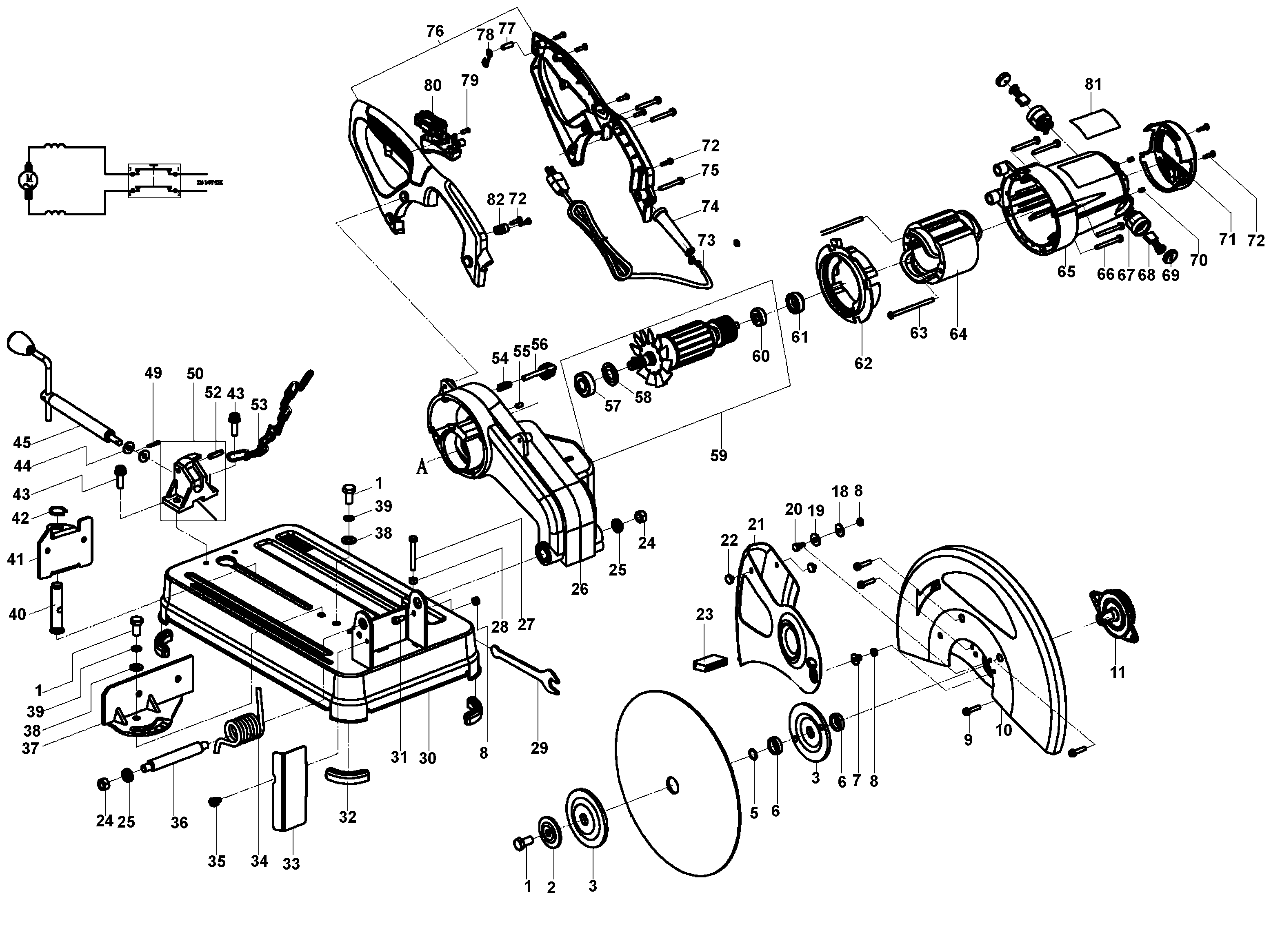 Default Diagram and Parts List for D28720-B2 Type 1 DeWALT Chop Saw