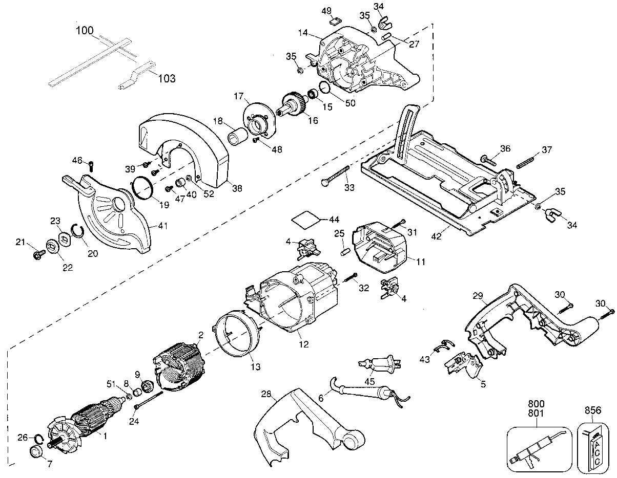 Default Diagram and Parts List for B7361 Type 1 DeWALT Circular Saw