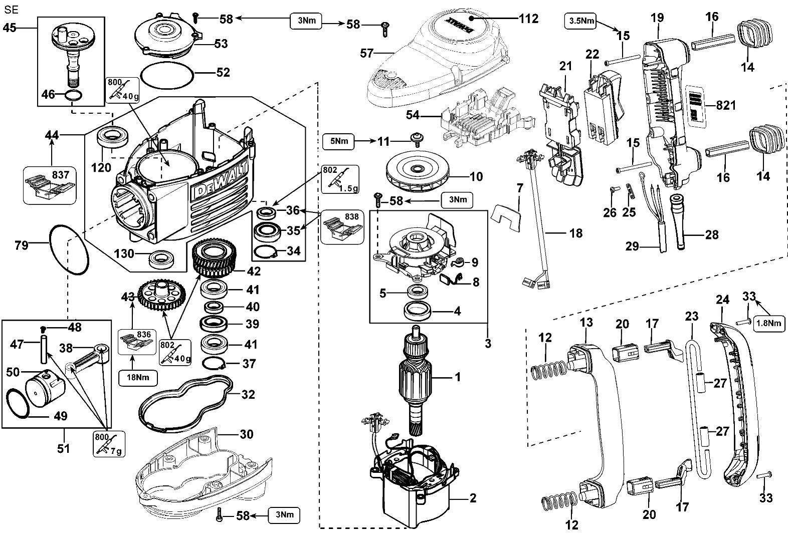 Default Diagram and Parts List for D25941K-AR Type 1 DeWALT Hammer