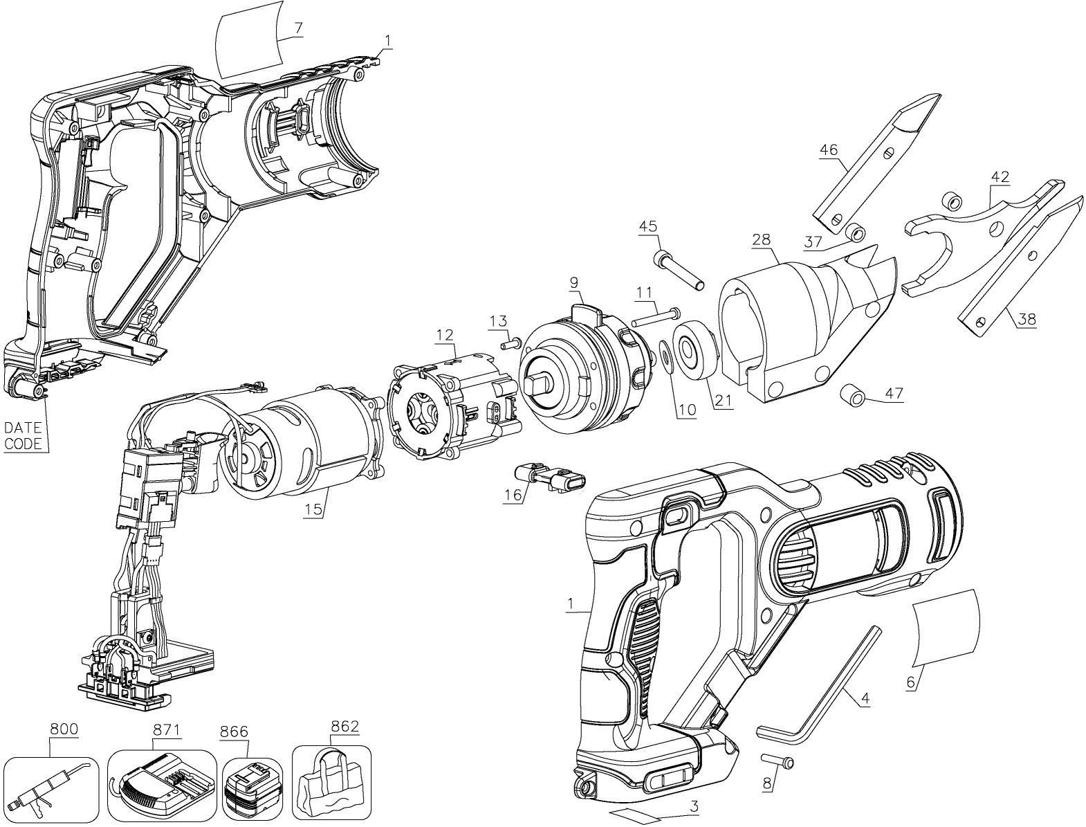 Default Diagram and Parts List for DCS491B Type 1 DeWALT Nibbler & Shears