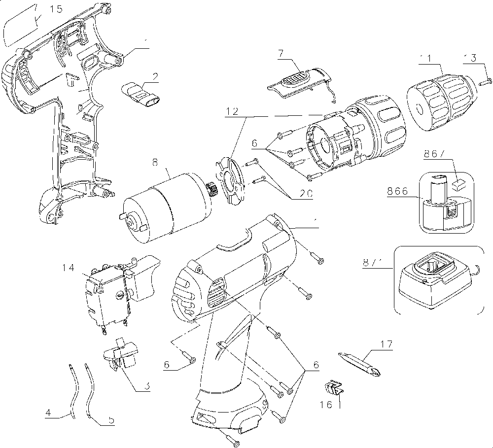 Exploded Diagram A Diagram and Parts List for DW907K2HQ Type 1 DeWALT Cordless Drill