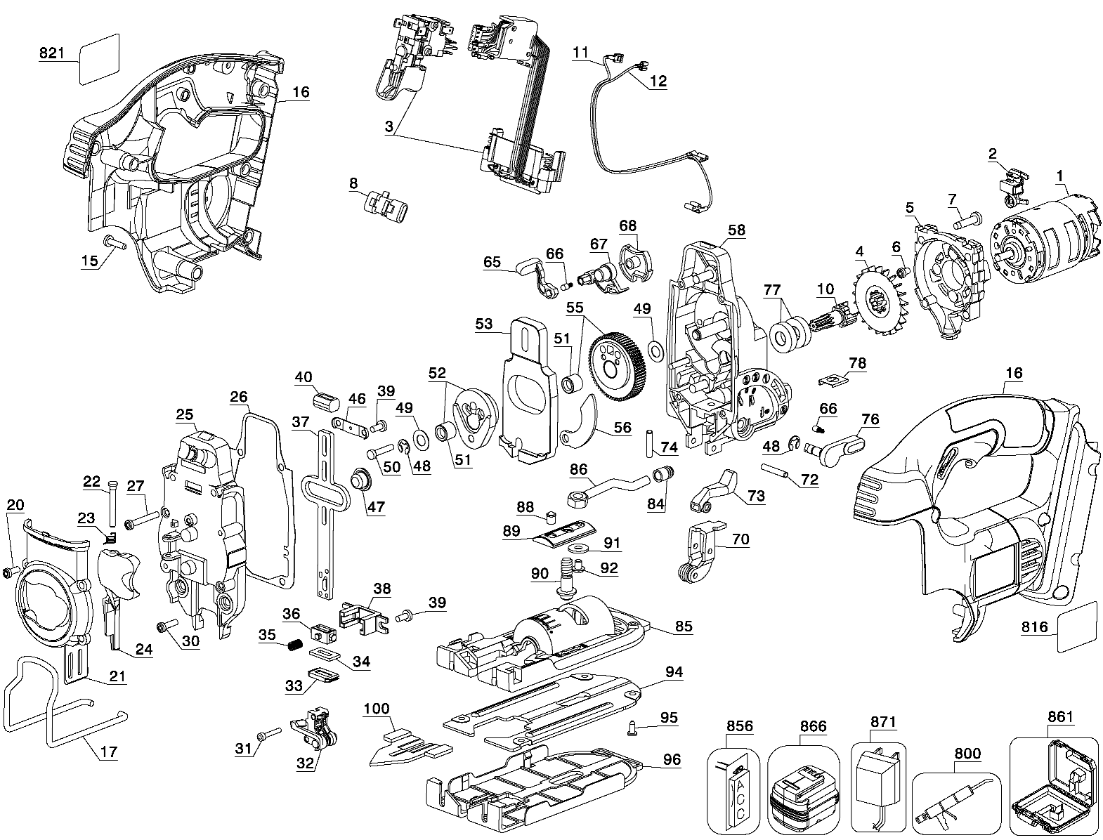 Default Diagram and Parts List for DC308K Type 1 DeWALT Jig Saw