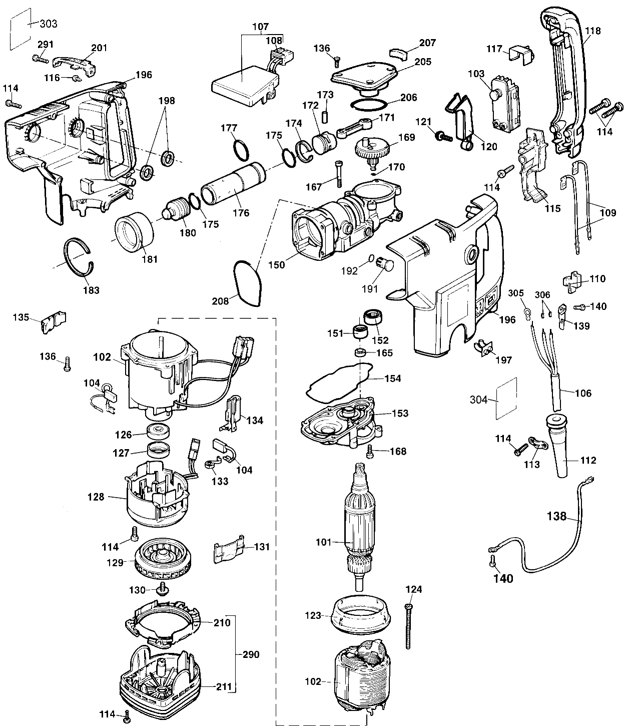 Default 2 Diagram and Parts List for DW551K Type 103 DeWALT Hammer