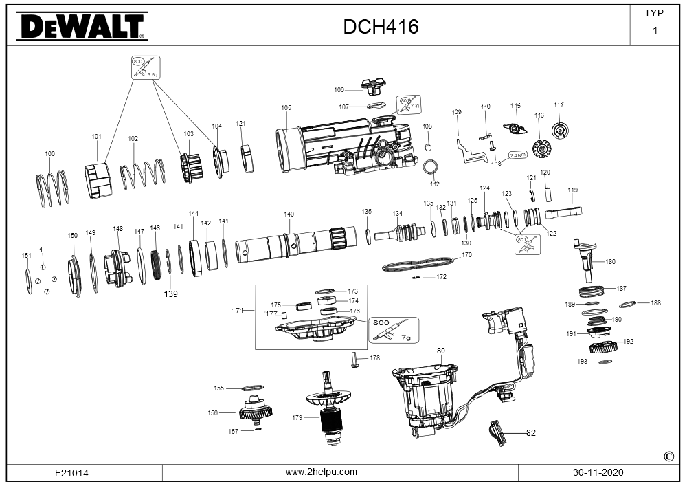 Exploded Diagram A Diagram and Parts List for DCH416B Type 1 DeWALT Hammer Drill
