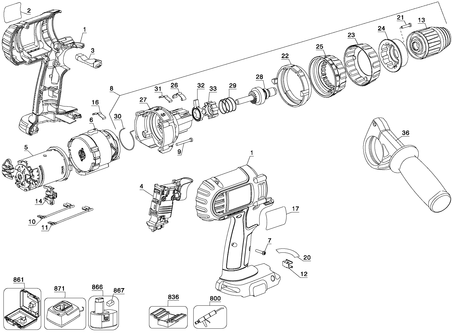 Default Diagram and Parts List for DC927KL Type 1 DeWALT Hammer Drill