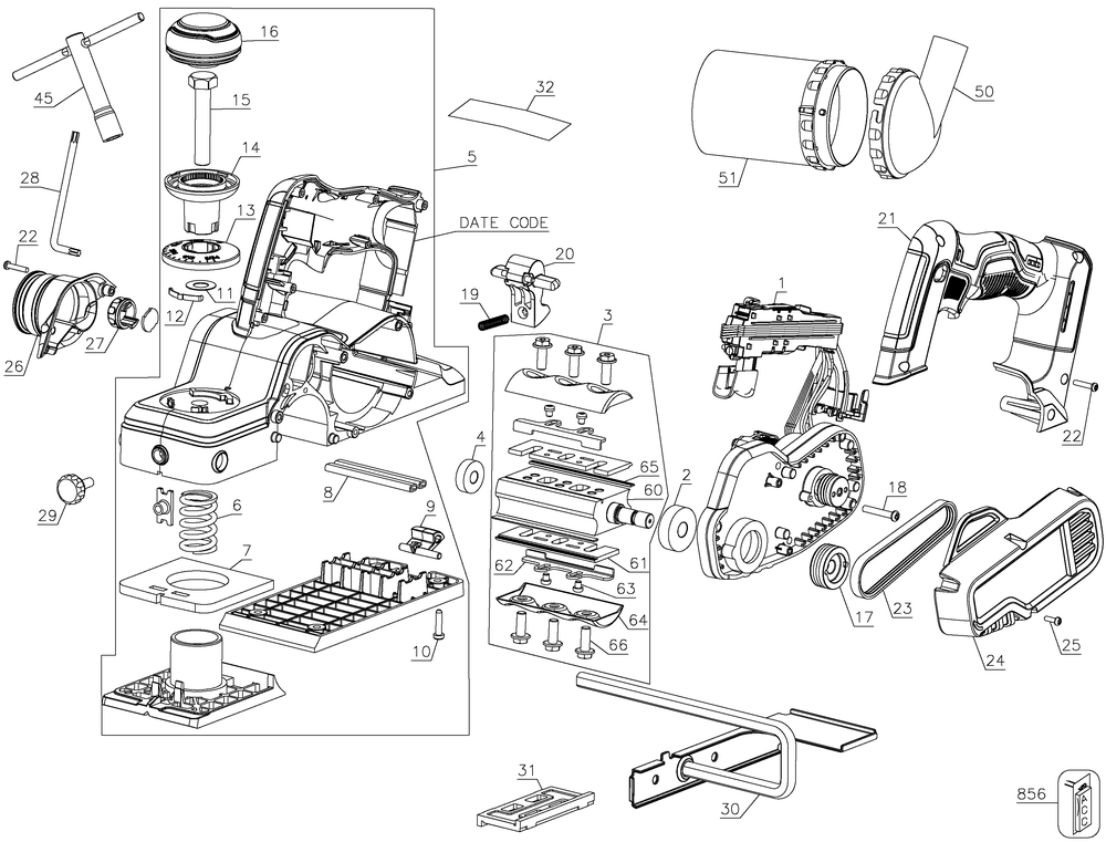 Section 1 Diagram and Parts List for DCP580BR Type 1 DeWALT Planer Jointer