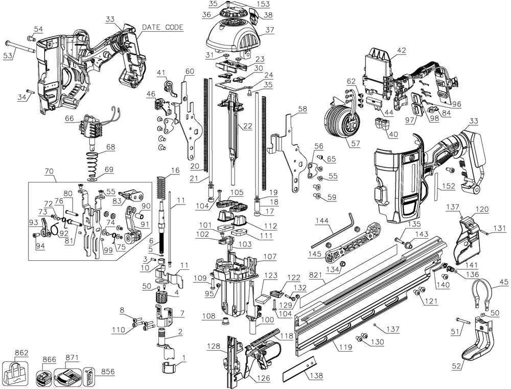 Diagram Diagram and Parts List for DCN21PLM1R Type 1 DeWALT Nailer