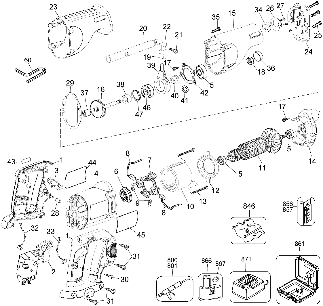 Default Diagram and Parts List for DW938K-2 Type 1 DeWALT Reciprocating Saw