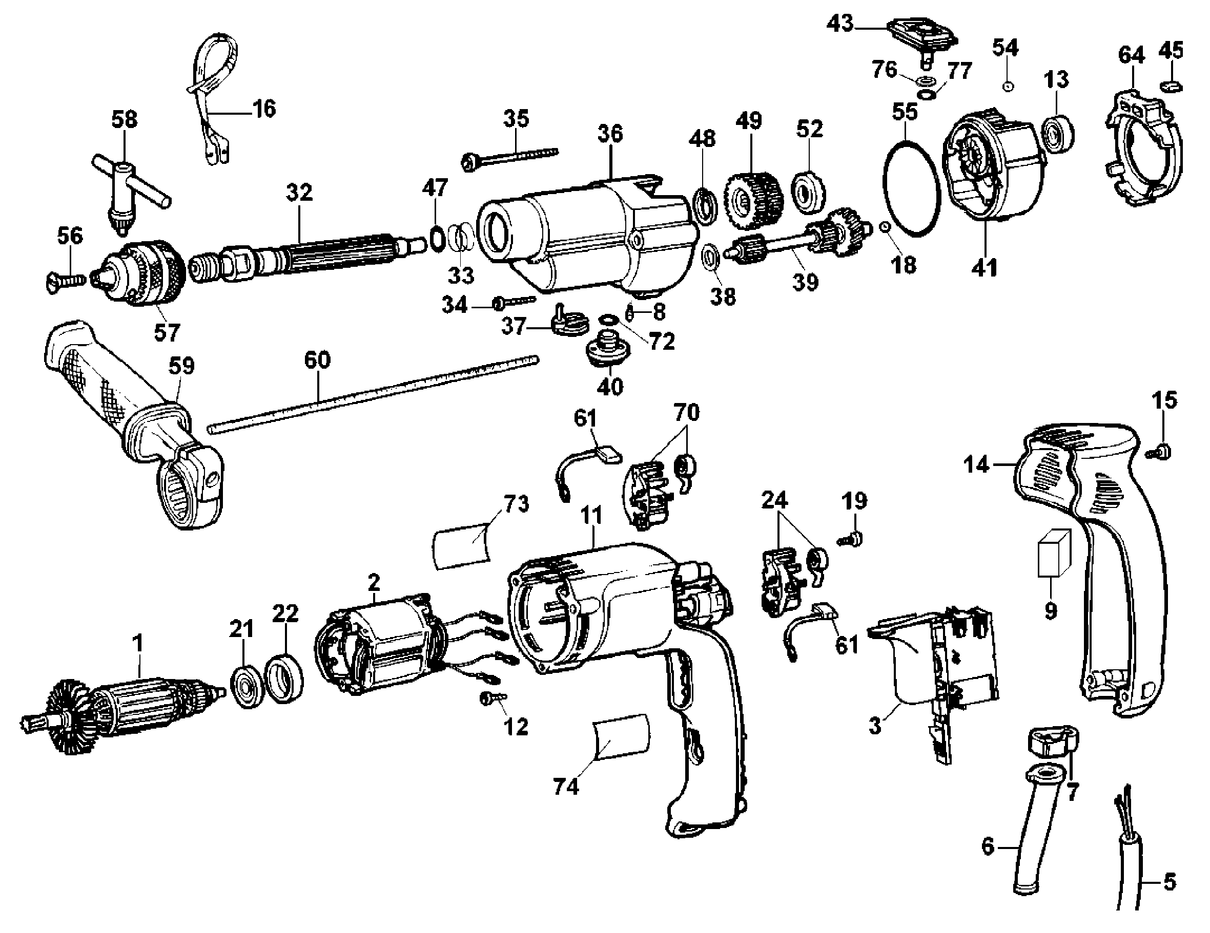 Default Diagram and Parts List for DW505-B2 Type 5 DeWALT Hammer Drill