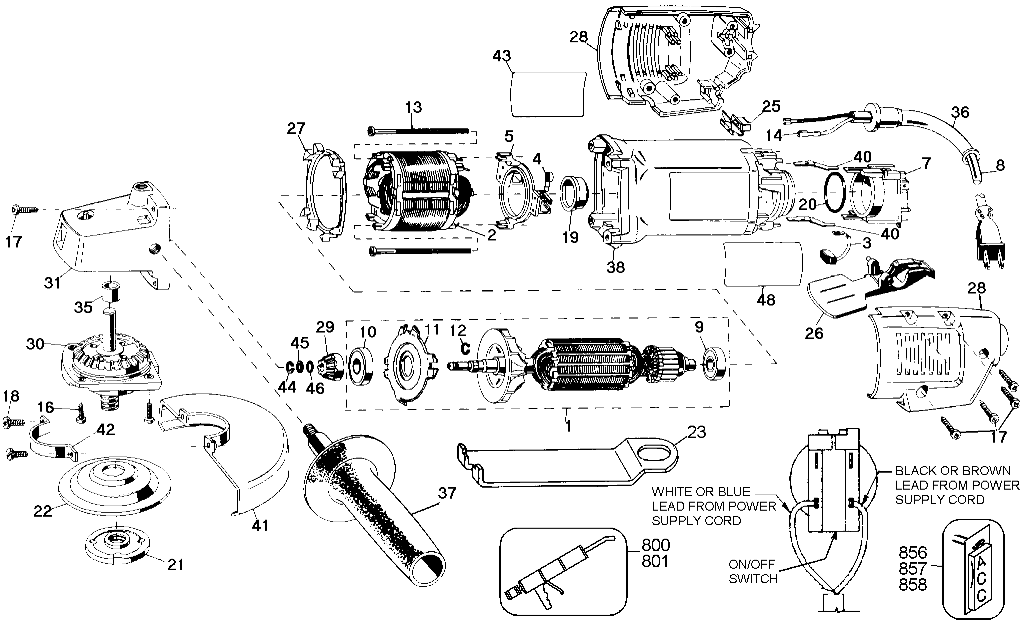 Default Diagram and Parts List for DW402-35 Type 1 DeWALT Grinder