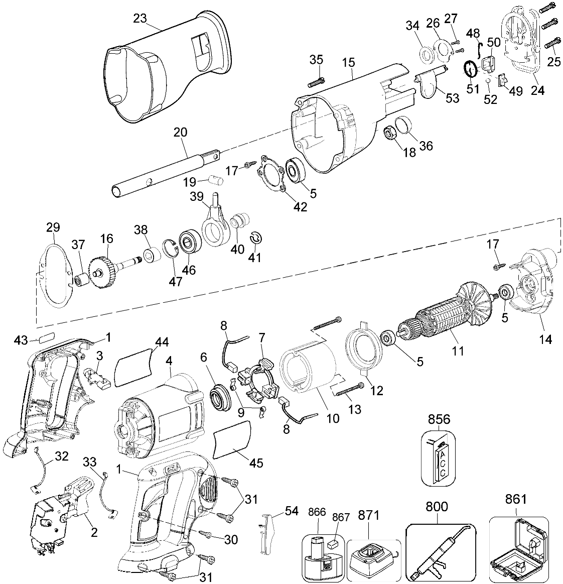 Default Diagram and Parts List for DC380K Type 1 DeWALT Reciprocating Saw