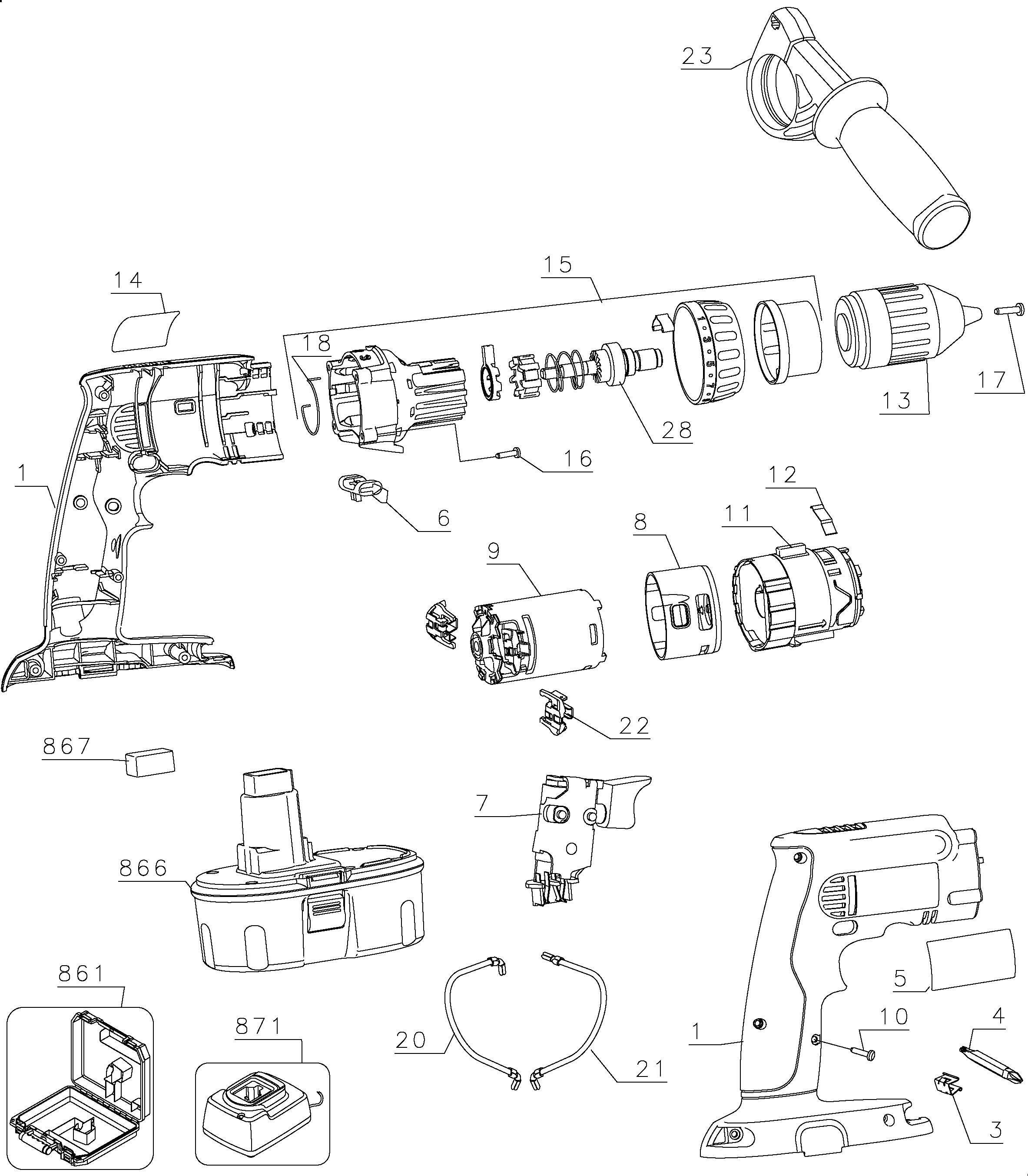 Default Diagram and Parts List for DW989K-2 Type 1 DeWALT Hammer
