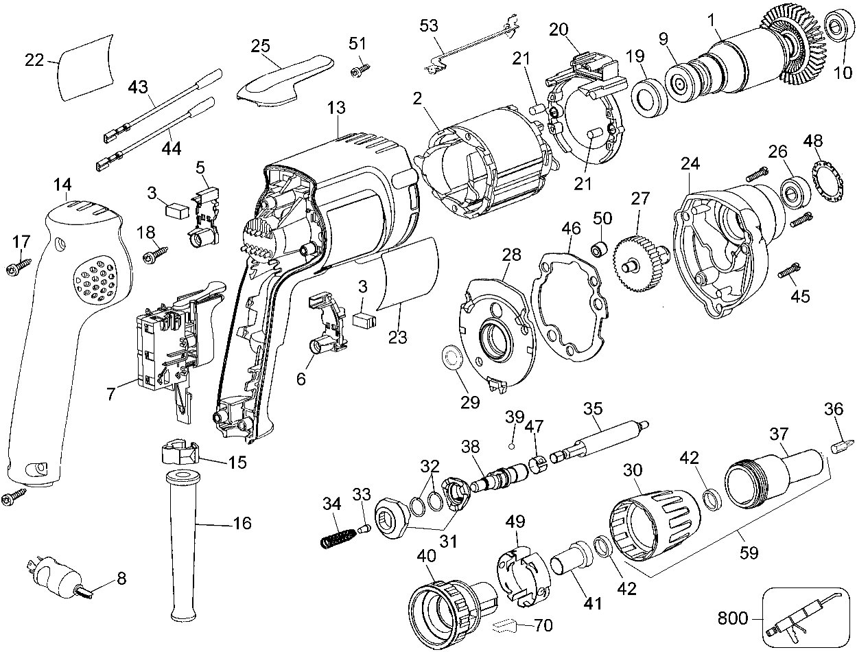 Default Diagram and Parts List for DW253WT Type 1 DeWALT Screwdriver