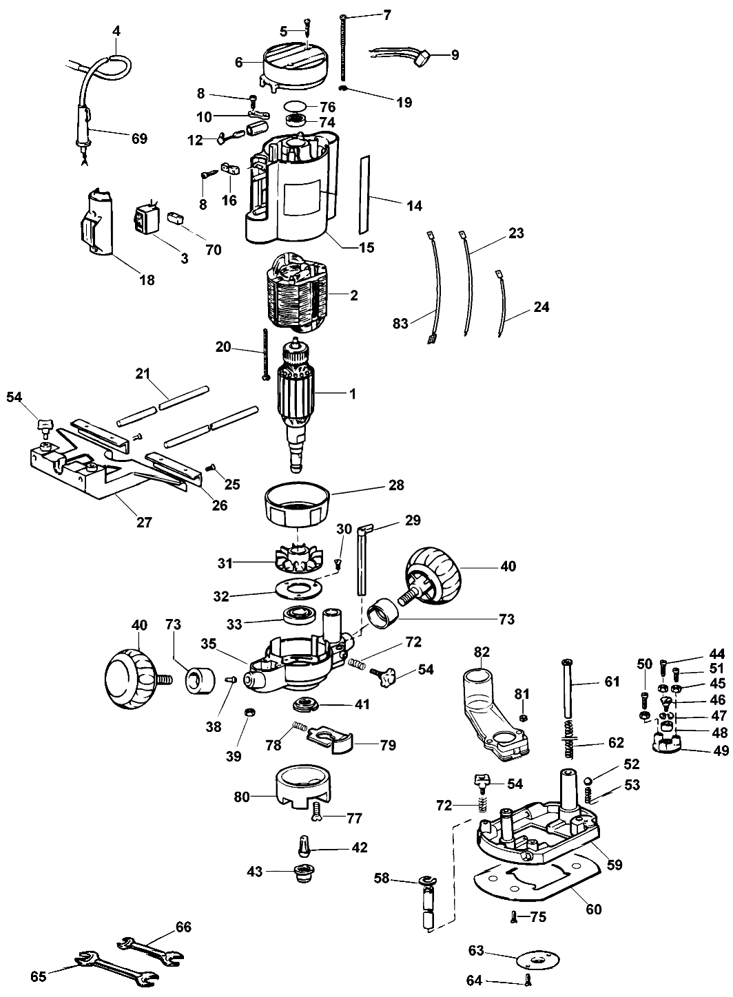 Default Diagram and Parts List for DW613-BR Type 1 DeWALT Router