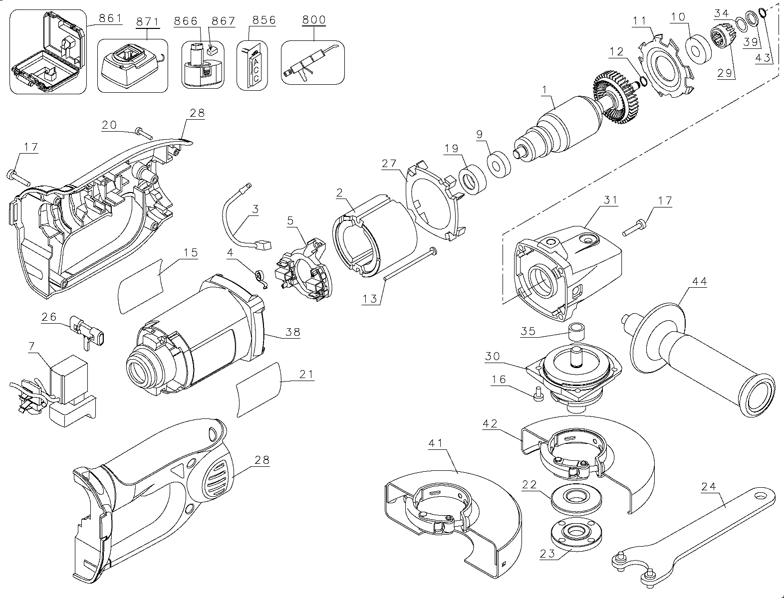 Default Diagram and Parts List for DC410KA Type 1 DeWALT Angle Grinder