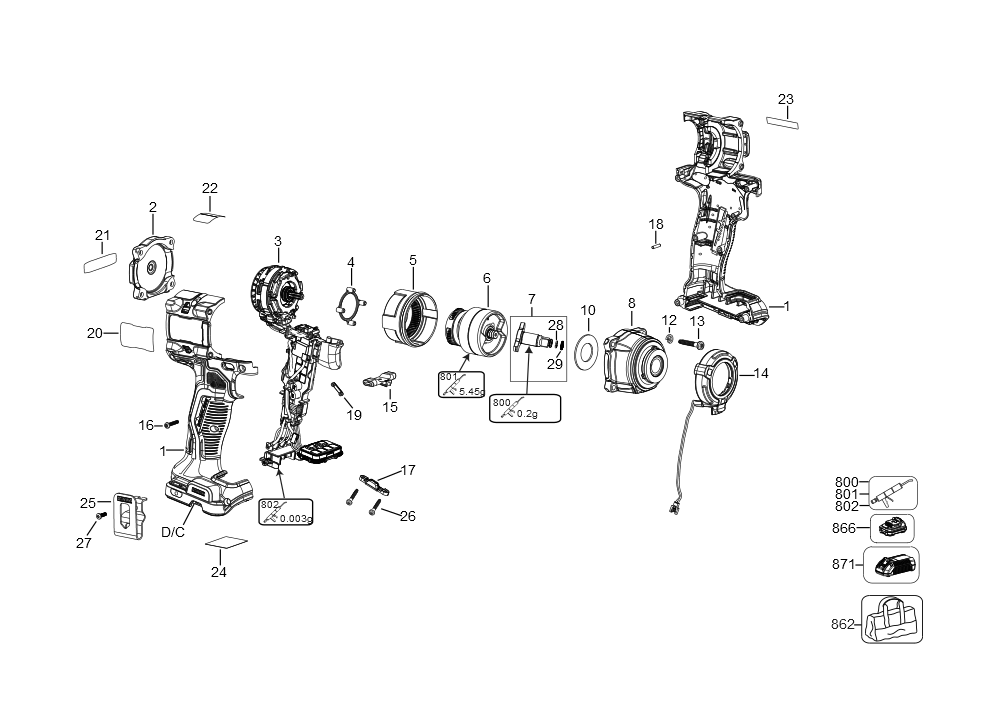 Exploded Diagram A Diagram and Parts List for DCF923E1 Type 1 DeWALT Impact Driver