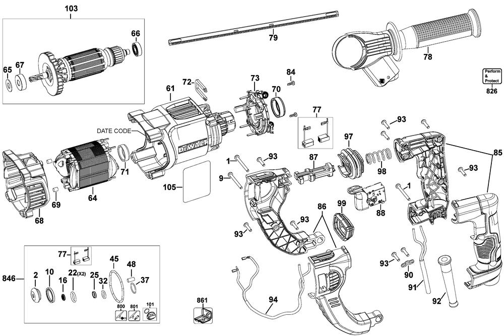 Section 2 Diagram and Parts List for D25263KR Type 1 DeWALT Hammer Drill